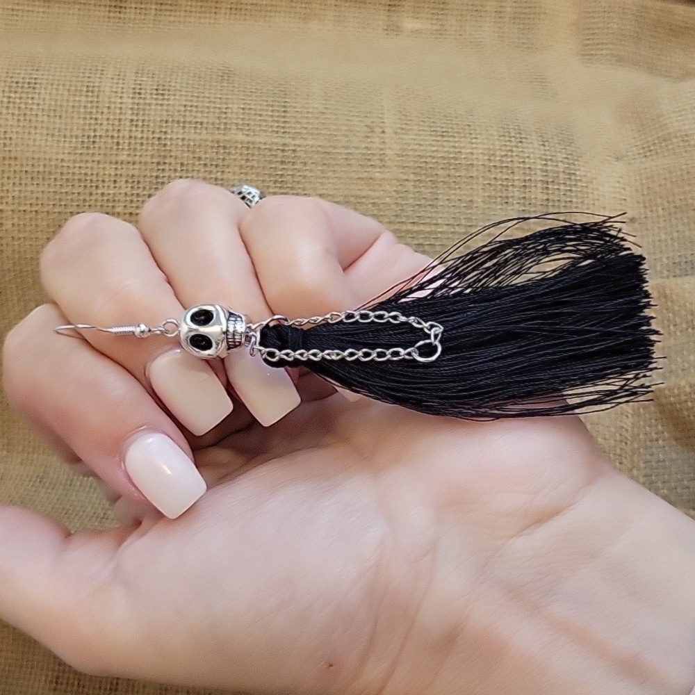 Voodoo Skeleton Witch Lady with Black Tassel Dress Long Drop Earrings
